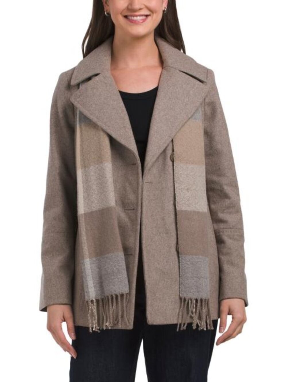 LONDON FOG Wool Blend Double Breasted Peacoat With Scarf